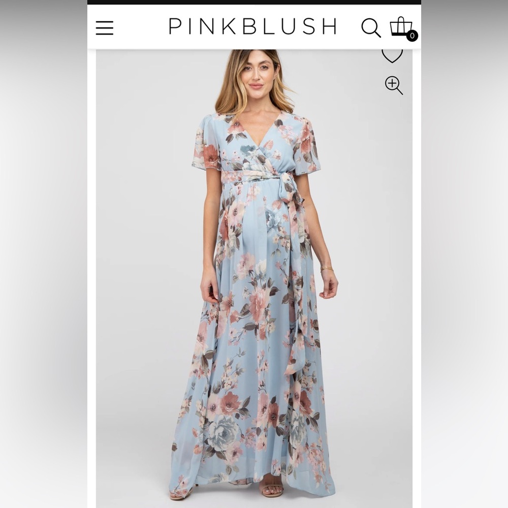 PinkBlush Light Blue Floral Chiffon Wrap Front Short Sleeve Maternity Maxi Dress